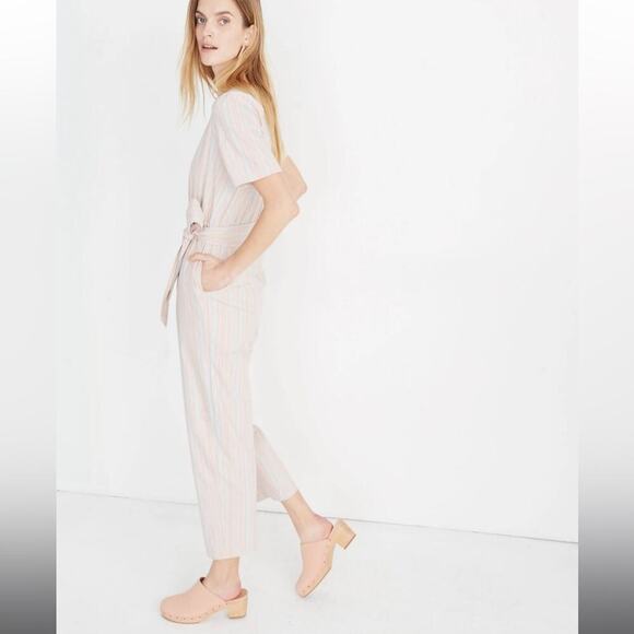 Madewell Striped Puff Sleeve Tapered Linen Jumpsuit Blue Horizon Marant Stripe - Picture 2 of 10